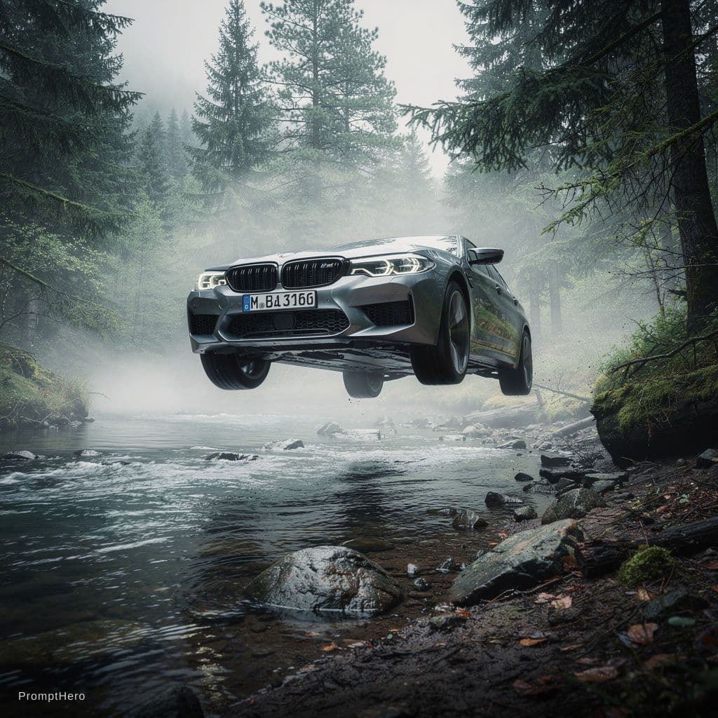 AI generated: CREATE A BMW M5 CAR IS IN FOREST IN FRONT OF RIVER AND BMW M5 WAS JUMP  THE RIVER TO CROSS WITH WHIT...