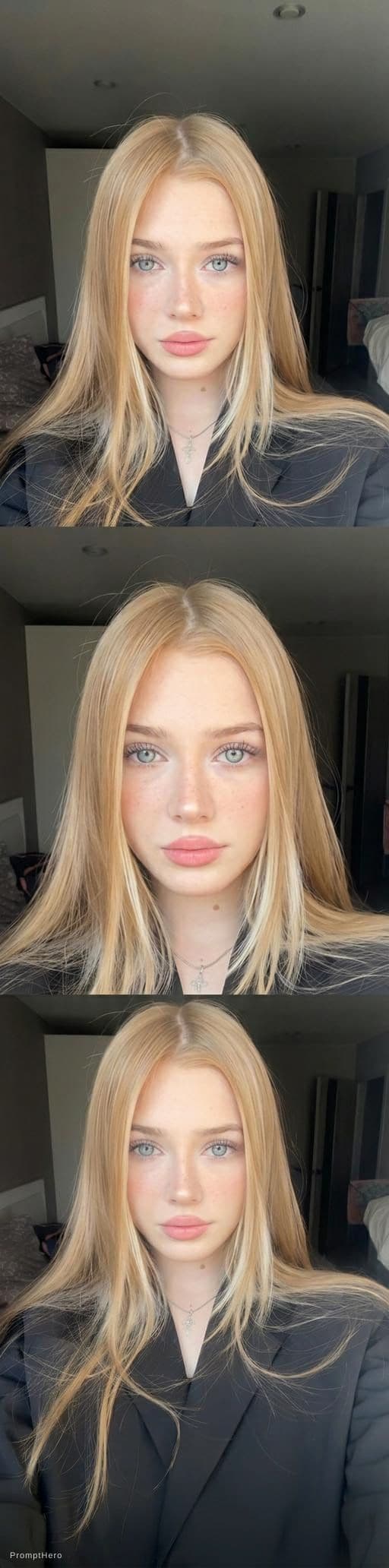 AI generated: photorealistic portrait of a young woman, same pose and composition as reference, same indoor bedroo...