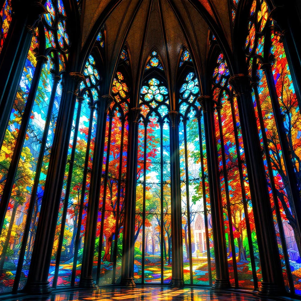 AI generated: a glass cathedral with stained glass windows
 