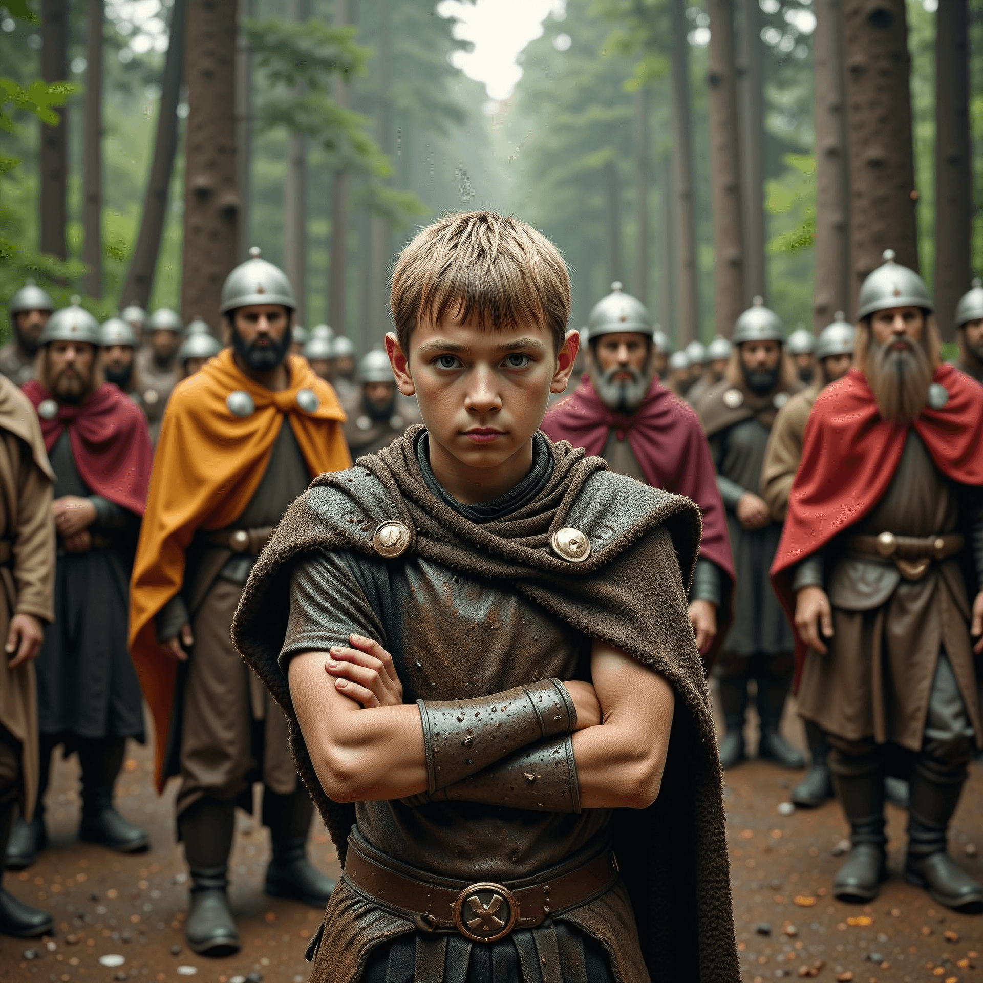 AI generated: Young boy viking warrior in the woods striking a dramatic pose, (The boy is covered in mud, dirt and...