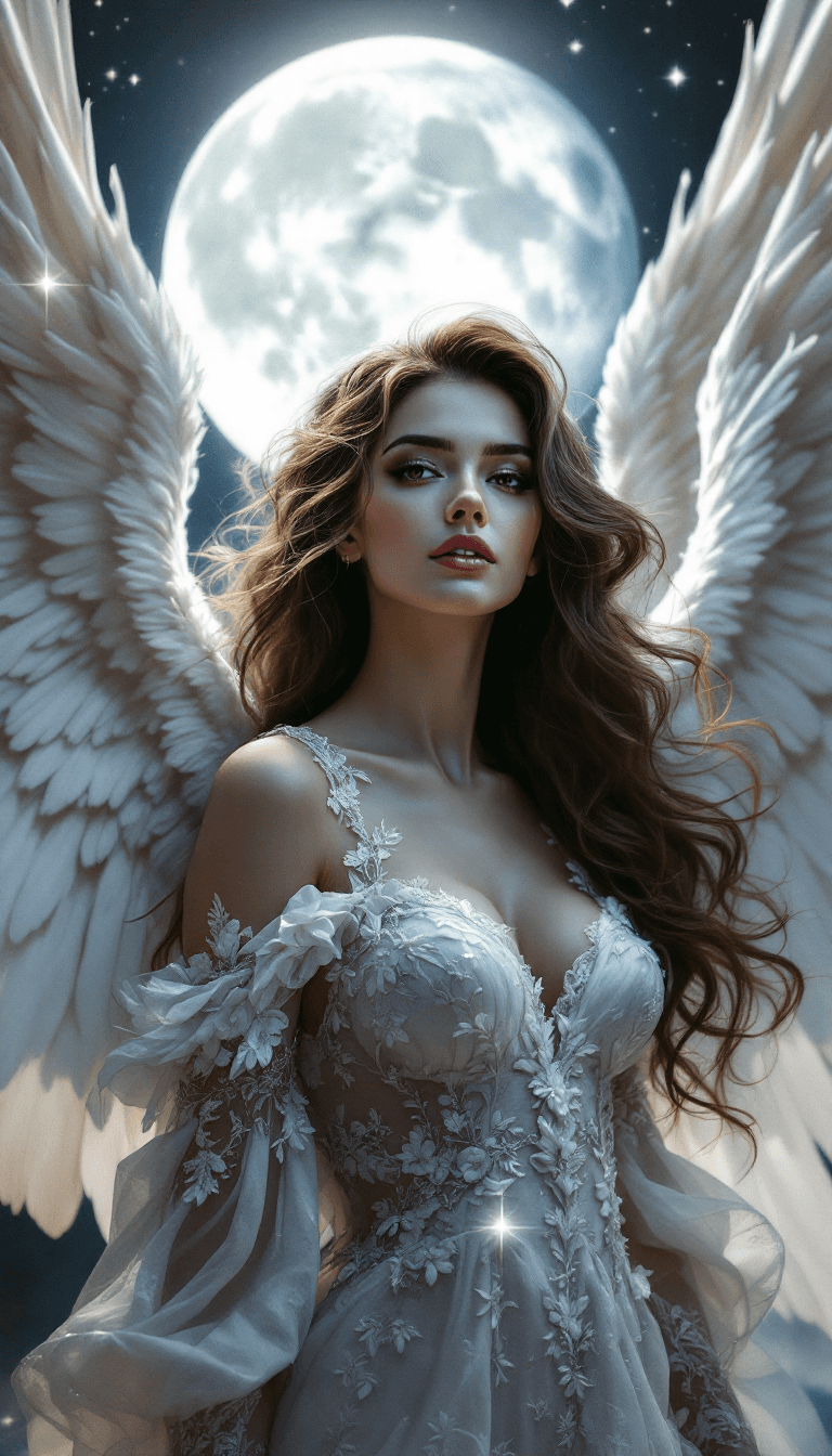 AI generated: Ultra-high resolution, Hyper-detailed celestial portrait, A stunning angel with flowing wavy brown h...