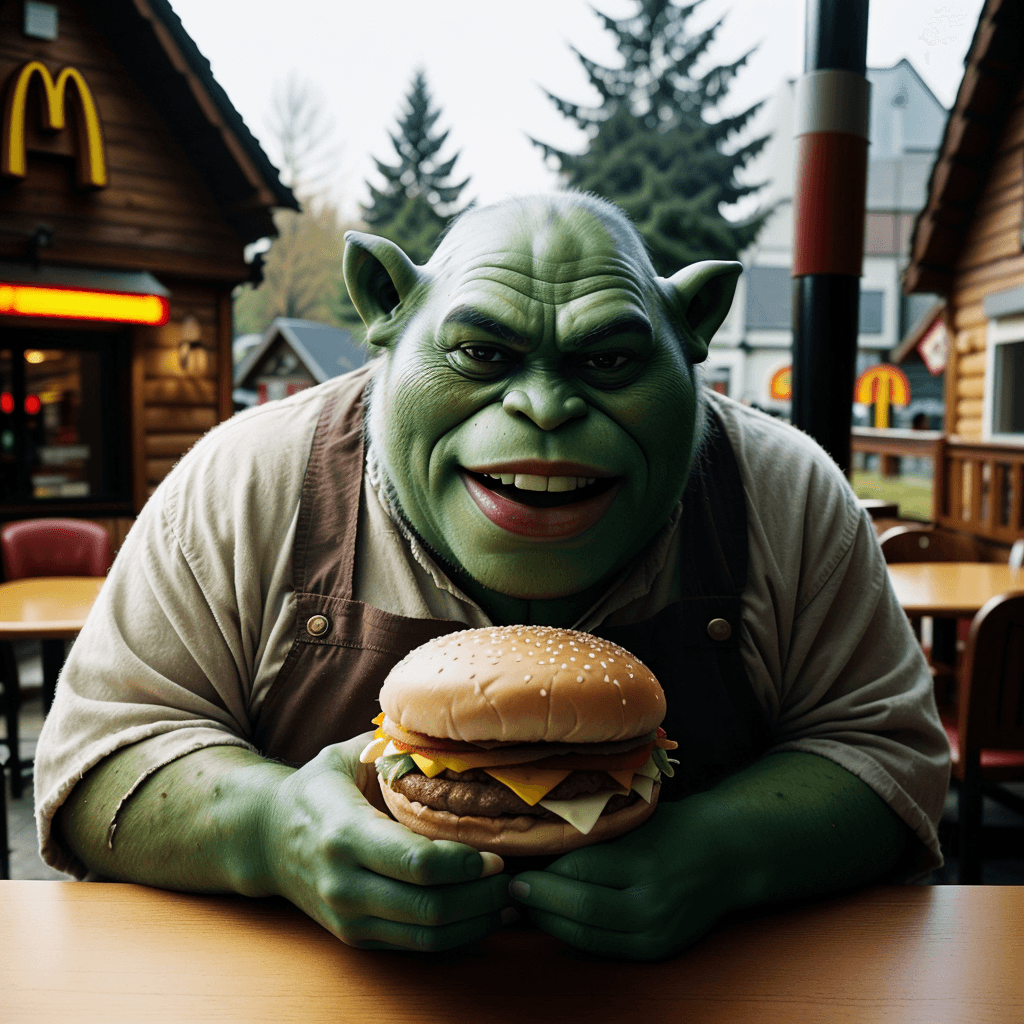 AI generated: a giant ogre eating a hamburger at mcdonalds restaurant, cozy wooden village, sunny day, warm light,...
