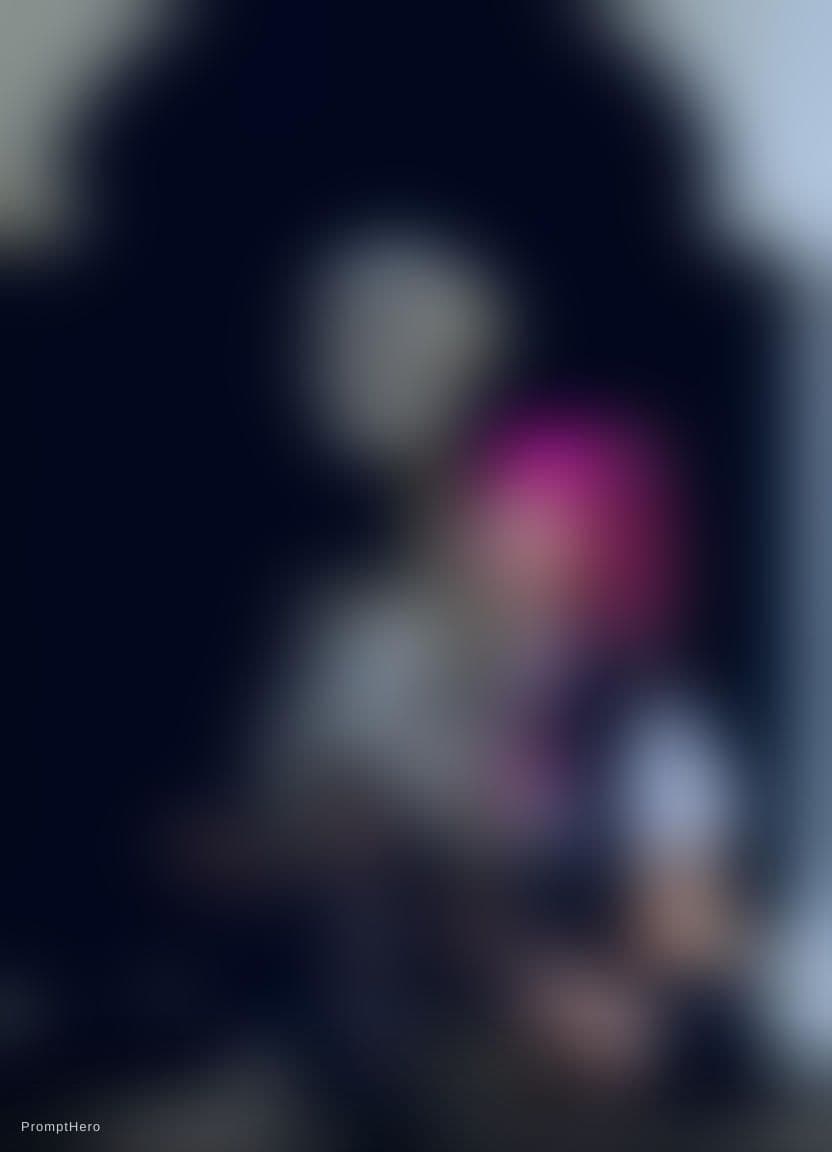 AI generated: A girl with pink  in hair in black stockings and a white blouse is sitting on the sex pose skeleton ...