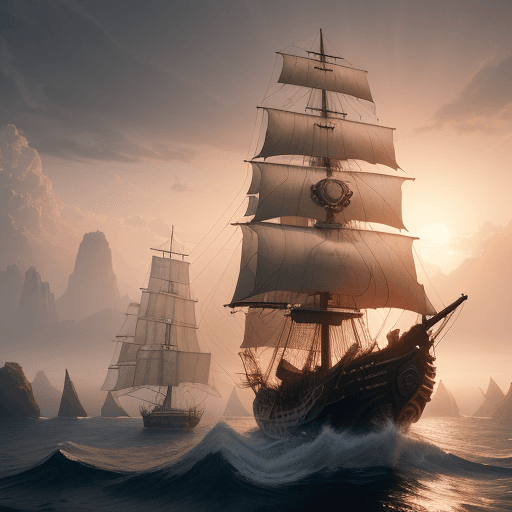 AI generated: Photo of a ultra realistic sailing pirate ship, dramatic light, pale sunrise, cinematic lighting, ba...