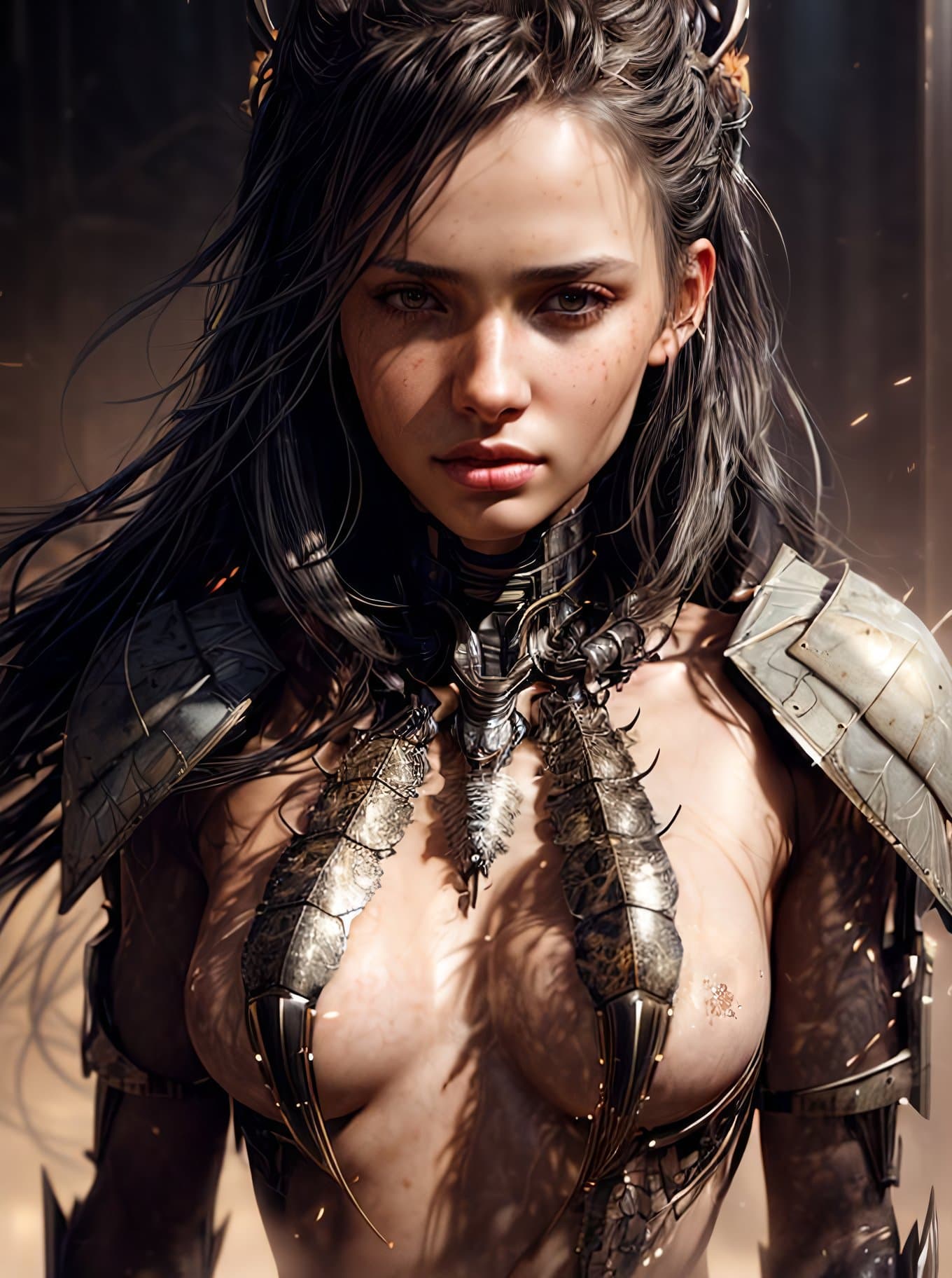 AI generated: portrait of a beautiful girl with scorpions around her, slight smile, digital painting, concept art,...