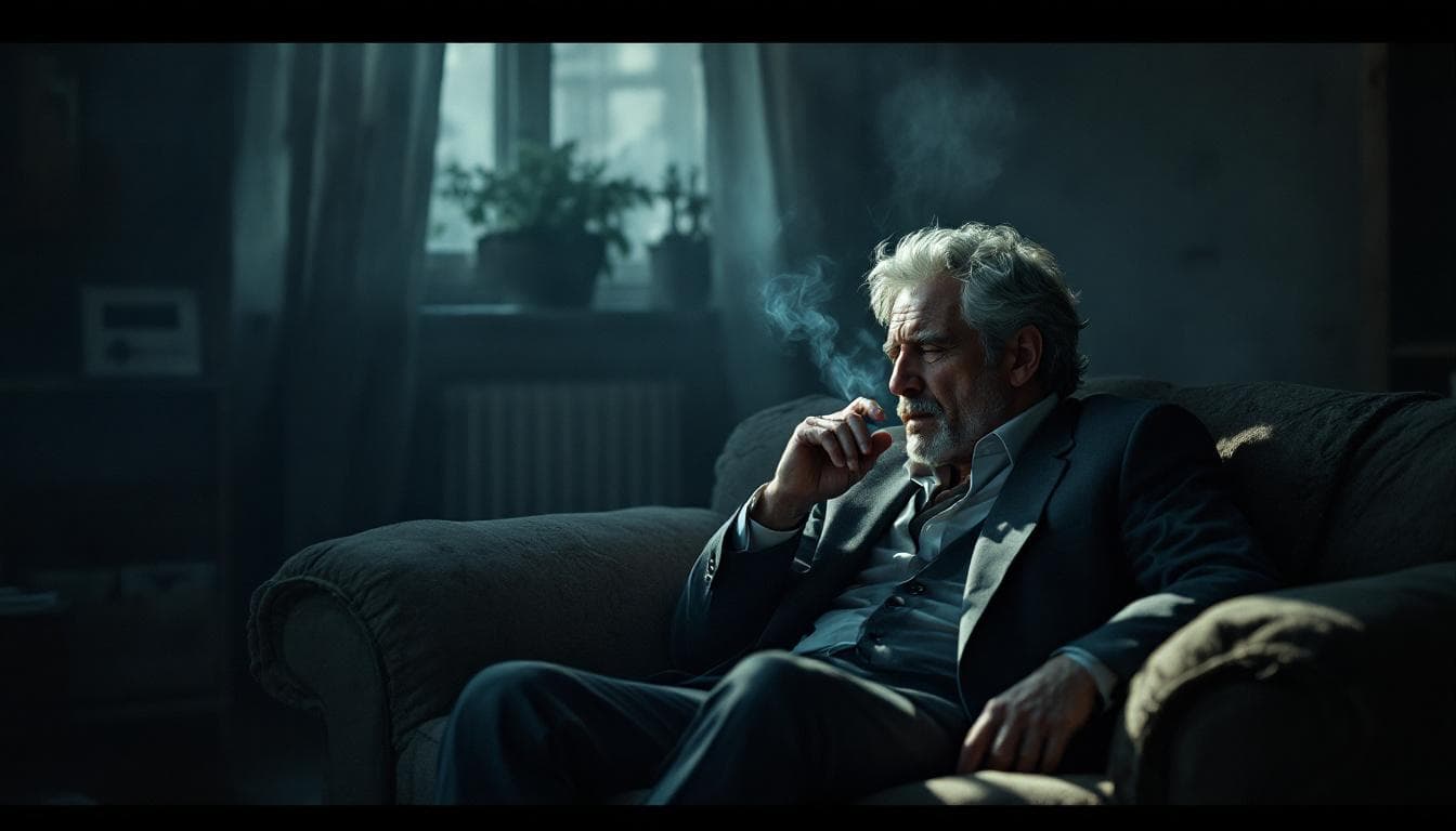 AI generated: Cinematic, ultra-realistic interior of a small Berlin apartment with dim, moody lighting. A 48-year-...