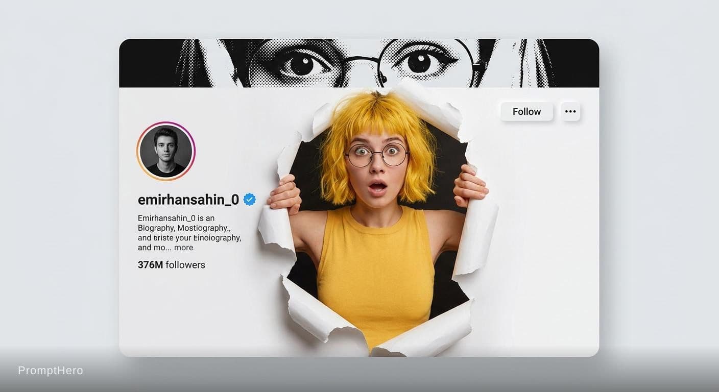 AI generated: A creative 3D photo manipulation of a social media profile interface, featuring a surprised young wo...