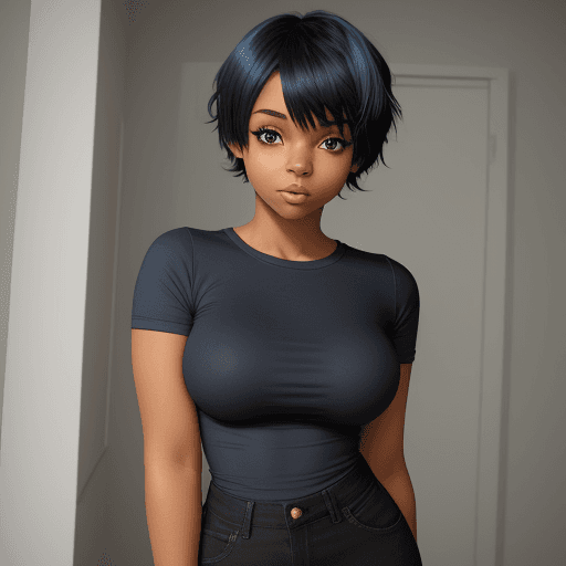 AI generated: cute anime black girl short blue hair in tight shirt