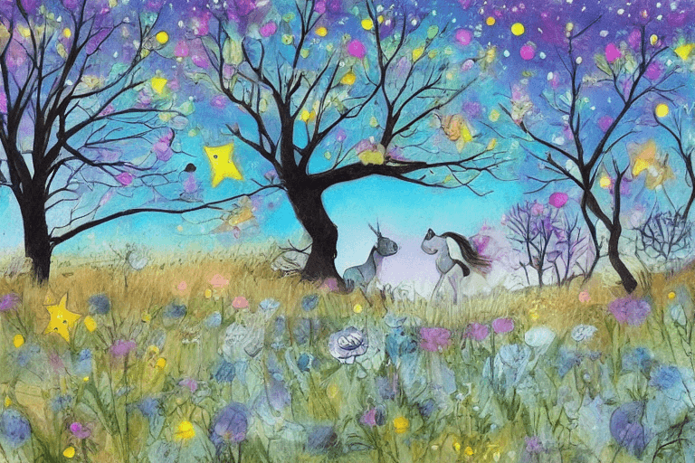 AI generated:  Te invito a que dibujes un hermoso paisaje lleno de árboles y flores, donde dos unicornios, Luna y ...