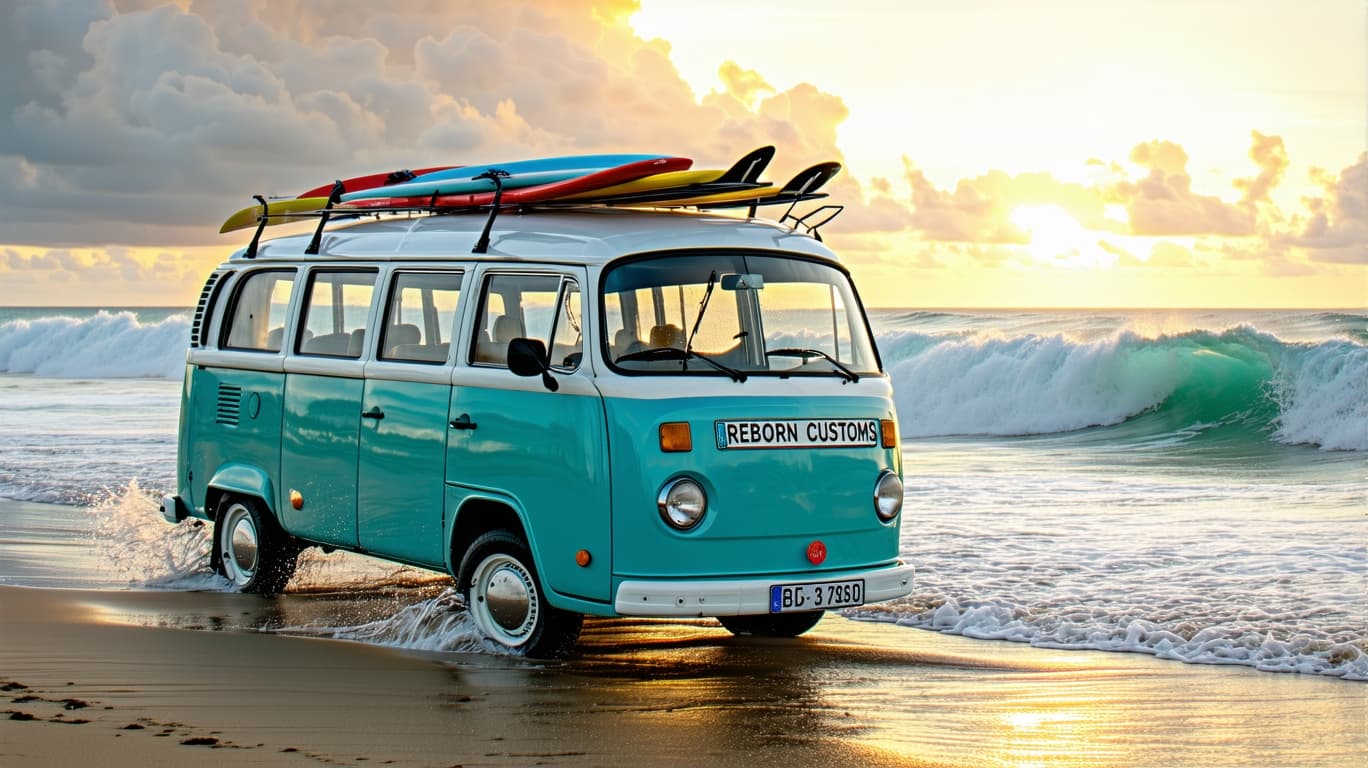 AI generated: A turquoise green and whitevw classic Samba 23 window bus on a golden sunset beach with ethereal lig...