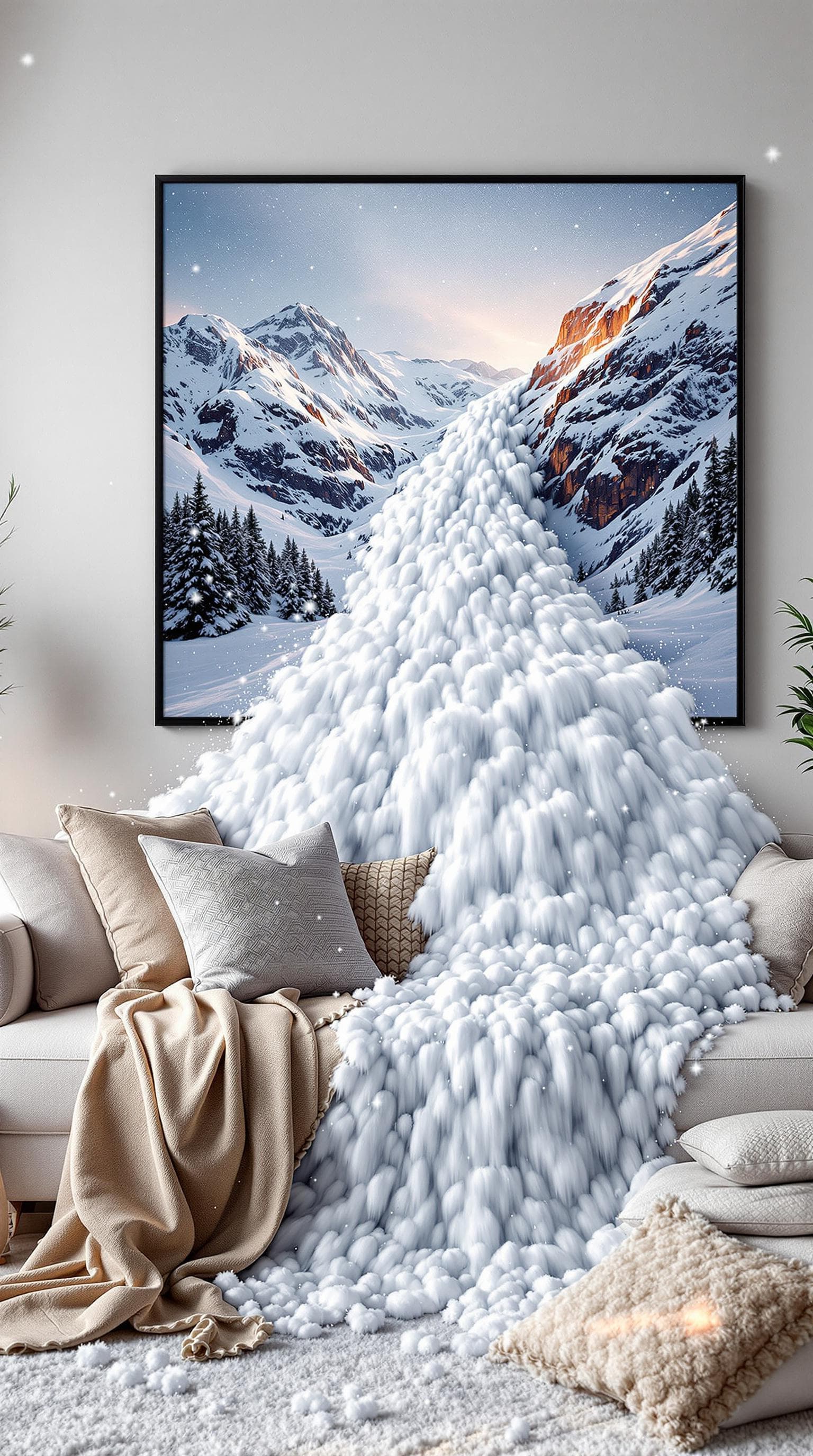 AI generated: A cozy living room features a soft sofa and a warm, textured rug. Above the couch hangs a dramatic p...
