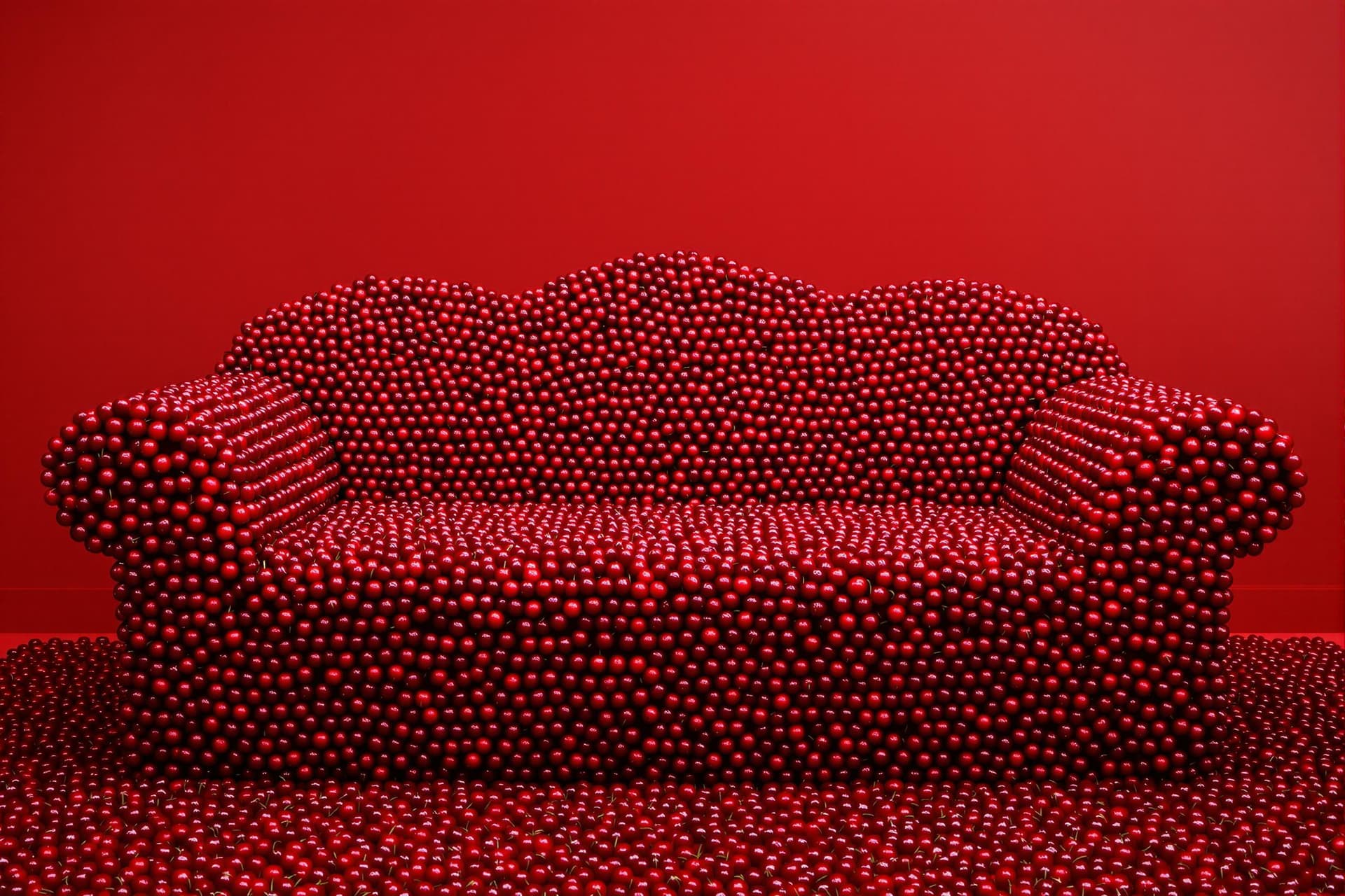 AI generated: Conceptual art. A sofa made entirely out of cherries. It is shot in a red room. The lighting is mode...
