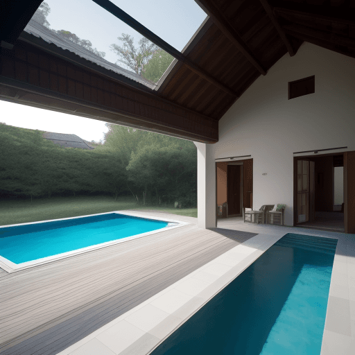 AI generated: high-ceilinged house with a pool in the center
