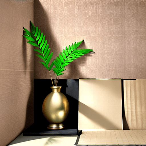 AI generated: Flat lay, material board, fern wallpaper big size sample, old brass sample, old rose wall paper medi...