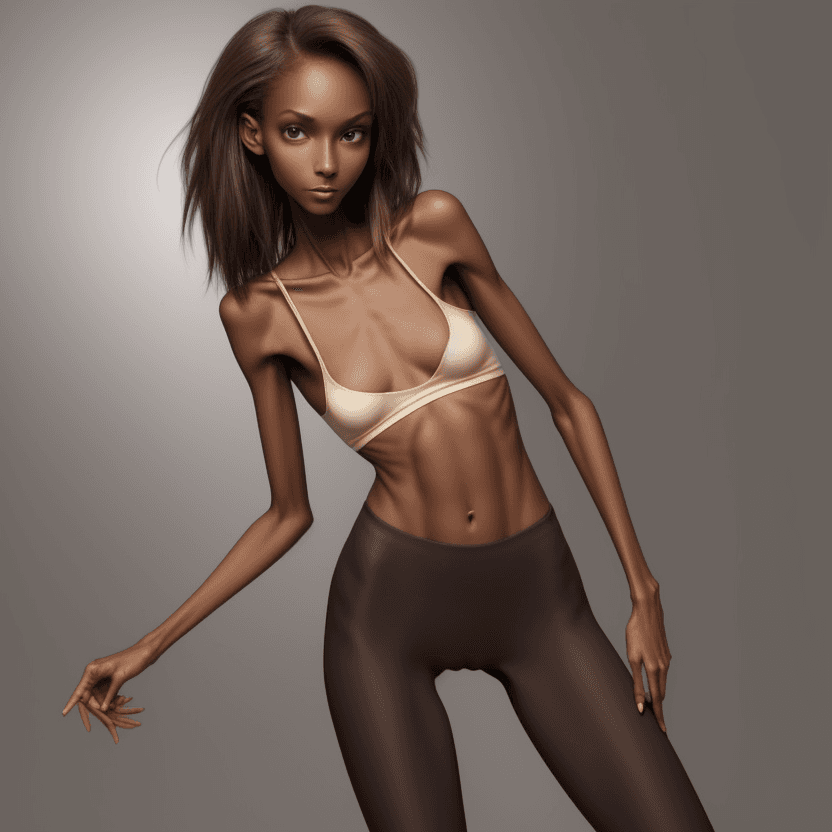AI generated: extreme beautiful skinny brown skinned  slender face of skinny (almost anorexic) girl without a bra ...