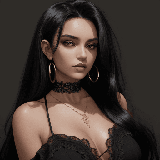 AI generated: A woman in a frontal pose with long, voluminous black hair, wearing a low-cut black dress with lace ...