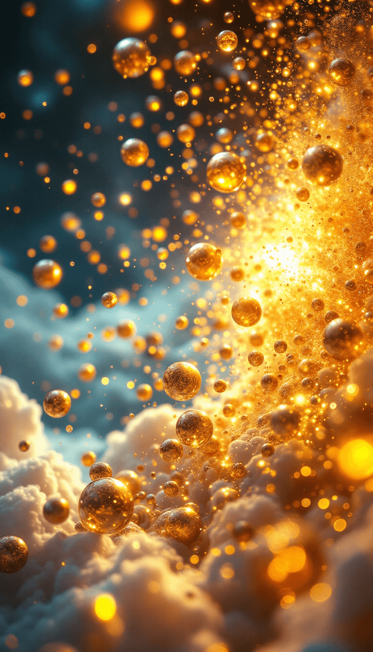AI generated: A breathtaking macro shot of golden spheres erupting from a radiant explosion, scattering into the a...