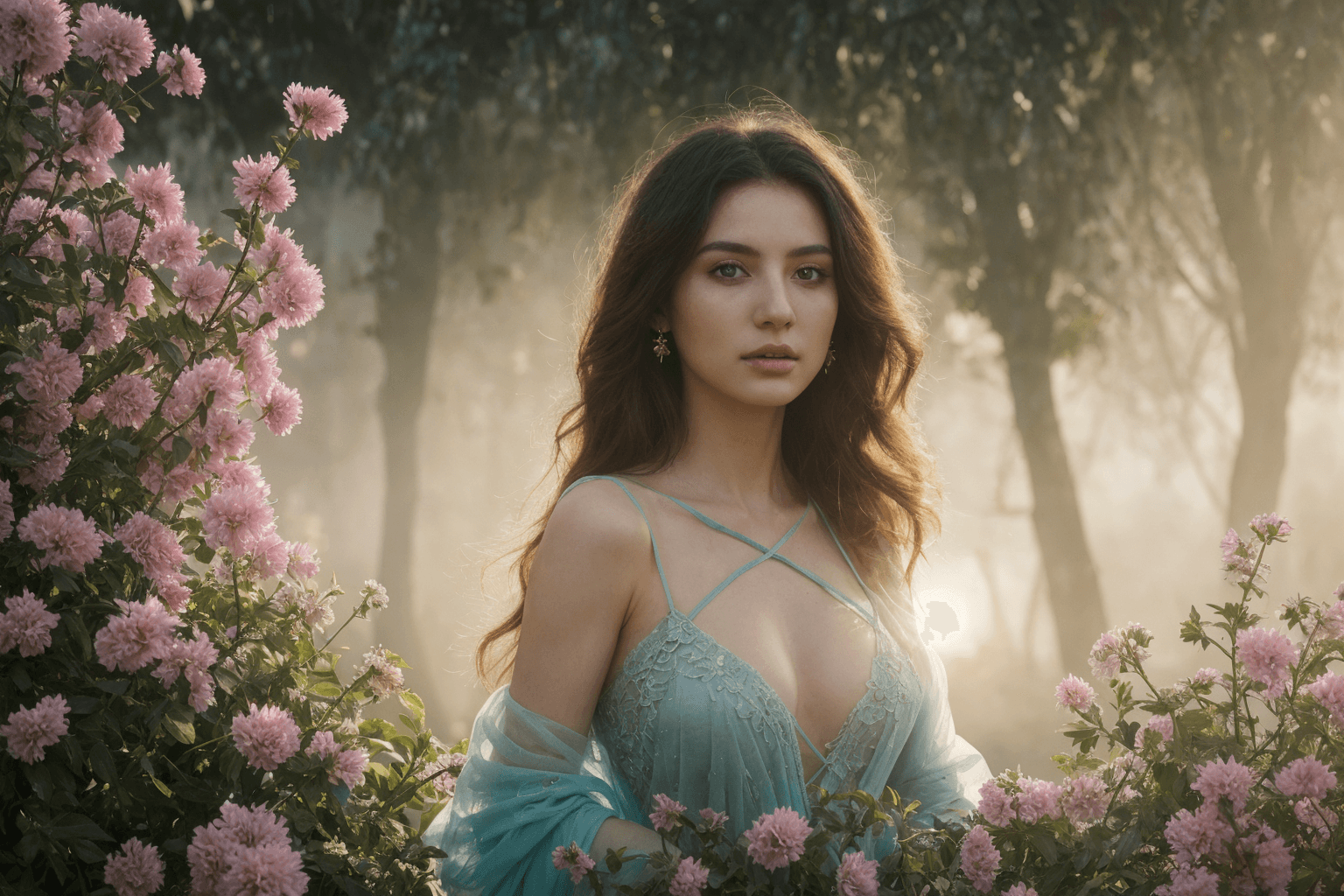 AI generated: God rays (volumetric:1.1) light. (she:1.1) is wearing (sheer:1.3) turquoise flowing robe green veget...