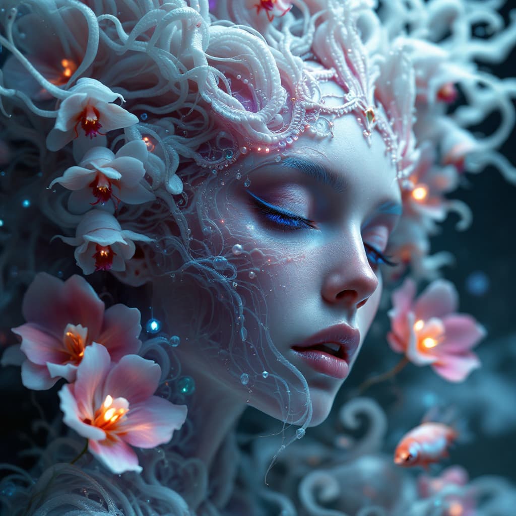 AI generated: Goddess close-up portrait ribcagel. jellyfish phoenix head, nautilus, orchid, skull, betta fish, bio...