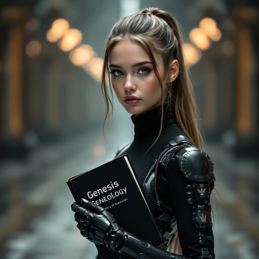 AI generated: A photo of pretty 1/2 human - 1/2 robot European Cyborg girl with long, with an absolutely symmetric...