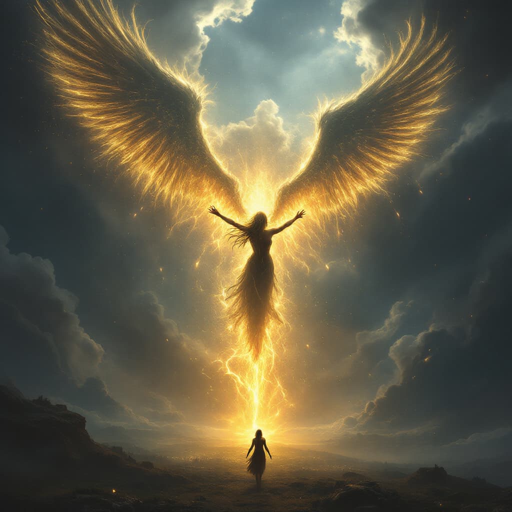AI generated: 7.	a Norse Valkyrie descending from the sky, glowing wings, battlefield below, dramatic storm clouds...