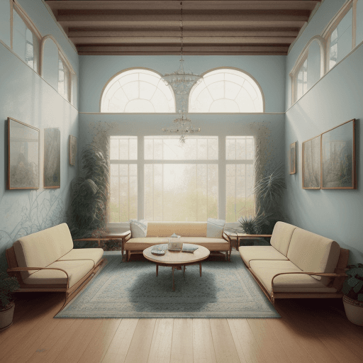 AI generated: High resolution photography interior design, dreamy sunken living room conversation pit, wooden floo...