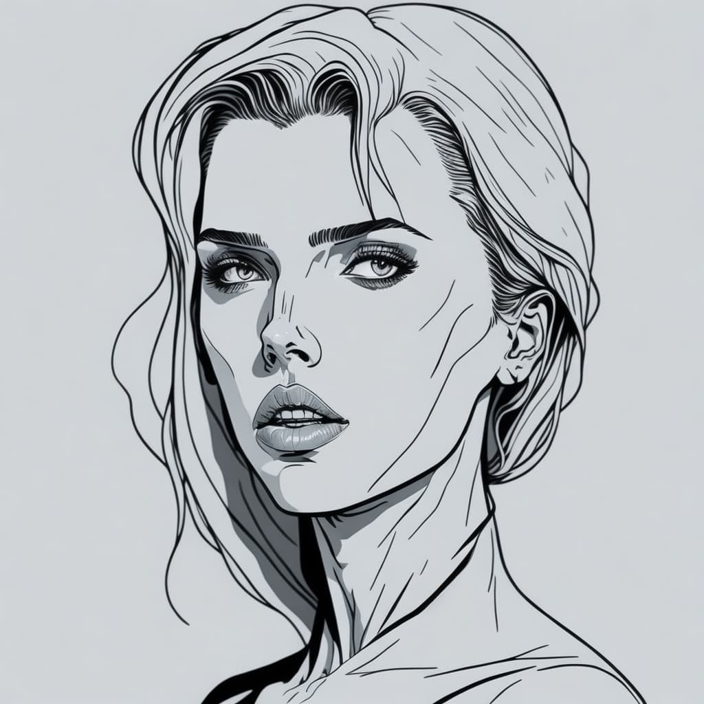 AI generated: Scarlett Johansson in the style of Patrick Nagel's art, white face, line work
