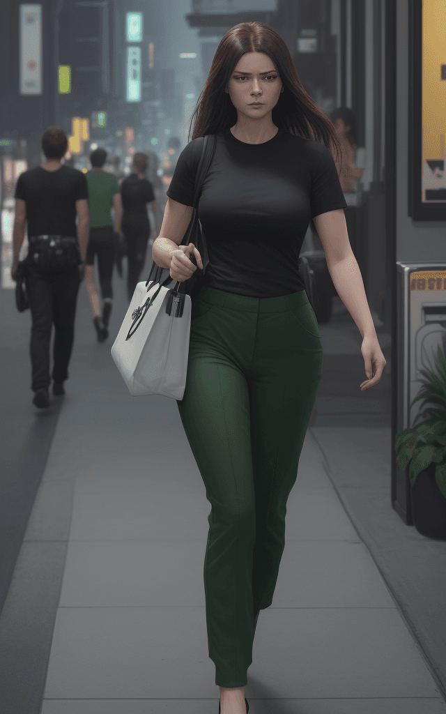 AI generated: The image features a  woman wearing a black shirt and 
green pants, walking down a street while carr...