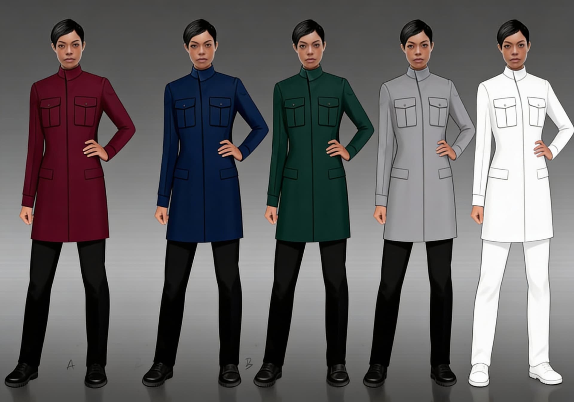 AI generated: Blend these uniforms to create a Sci-Fi Academia Provisional Initiate Cadet Uniform. Show no patches...
