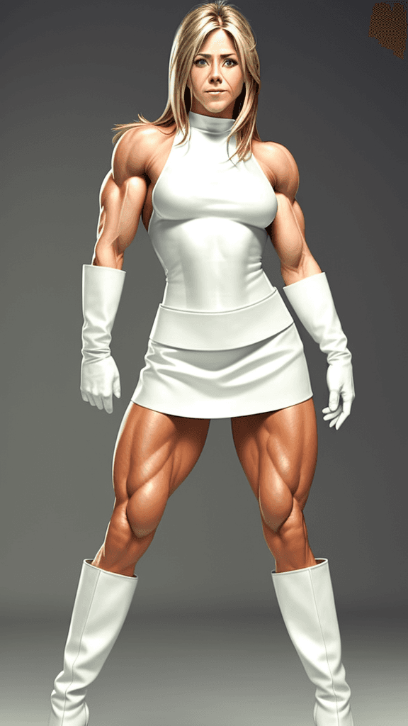 AI generated: Jennifer Aniston as strong muscular woman, muscular abs, toned biceps, wears white Leather skirt, wh...