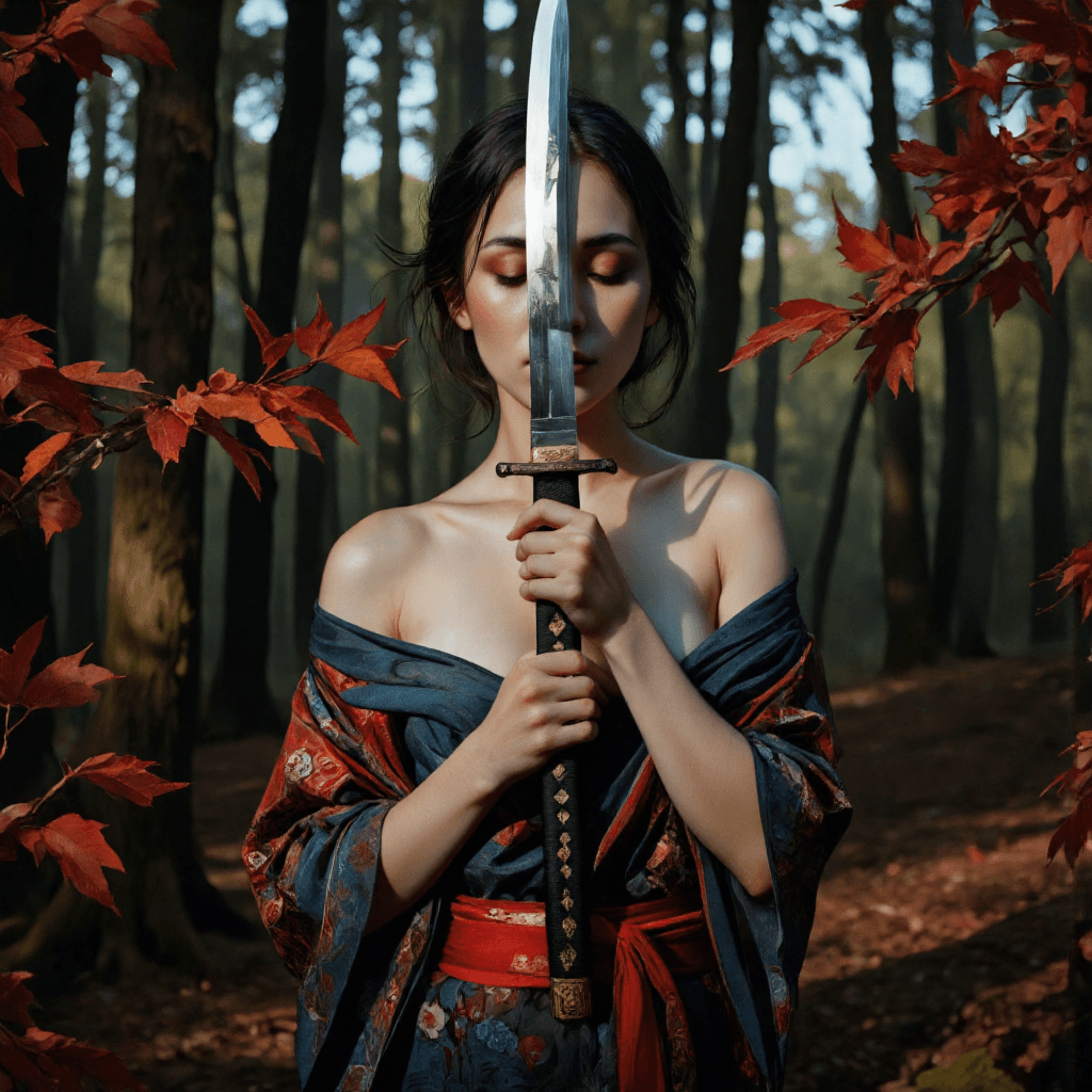 AI generated: A serene yet intense scene in a dense, ancient forest during the stillness of twilight. The woman’s ...
