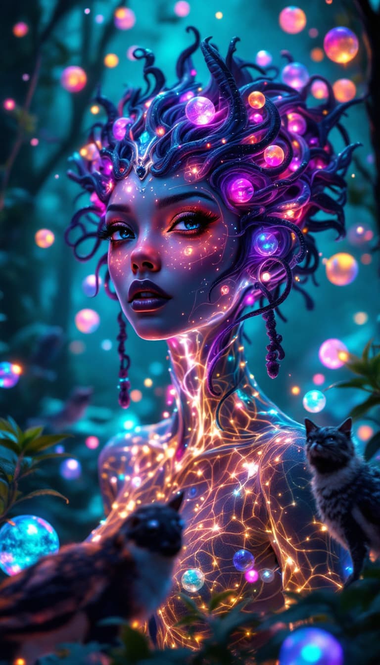 AI generated: Surreal 4k painting of a beautiful alien princess with expressive black eyes and cosmic features. He...