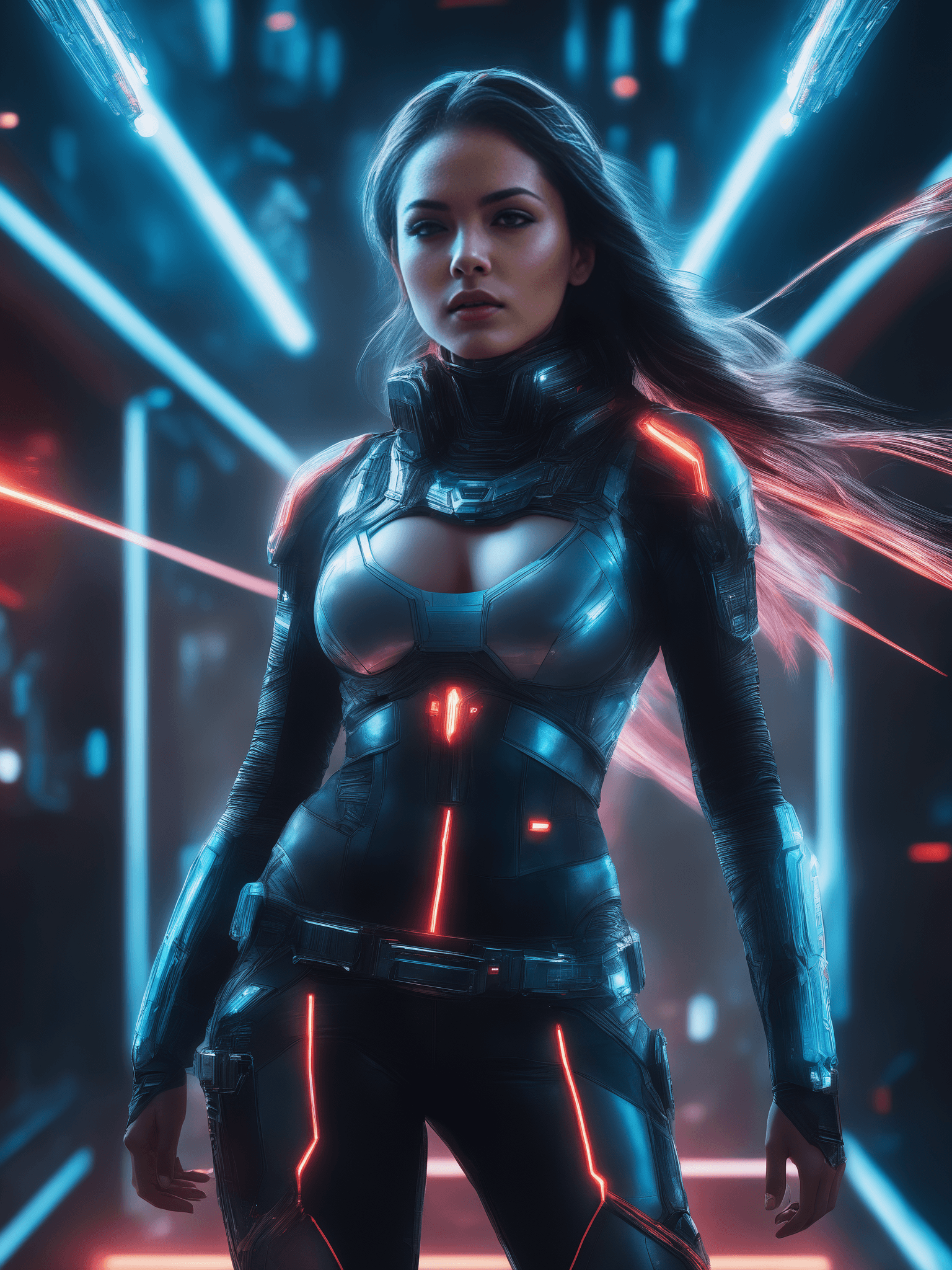 AI generated: cybernized girl with cyberpunk prosthetics in single stockings, long hair, Spaceship inside, futuris...