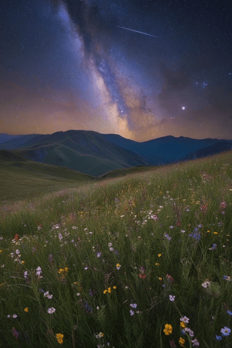 AI generated: A field of wildflowers at night, stunning colorful milkyway shines at an angle across the clear star...