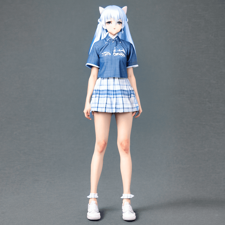 AI generated: anatomically correct, full body t-pose view of anime style wolf girl with Chambray blue and white ha...