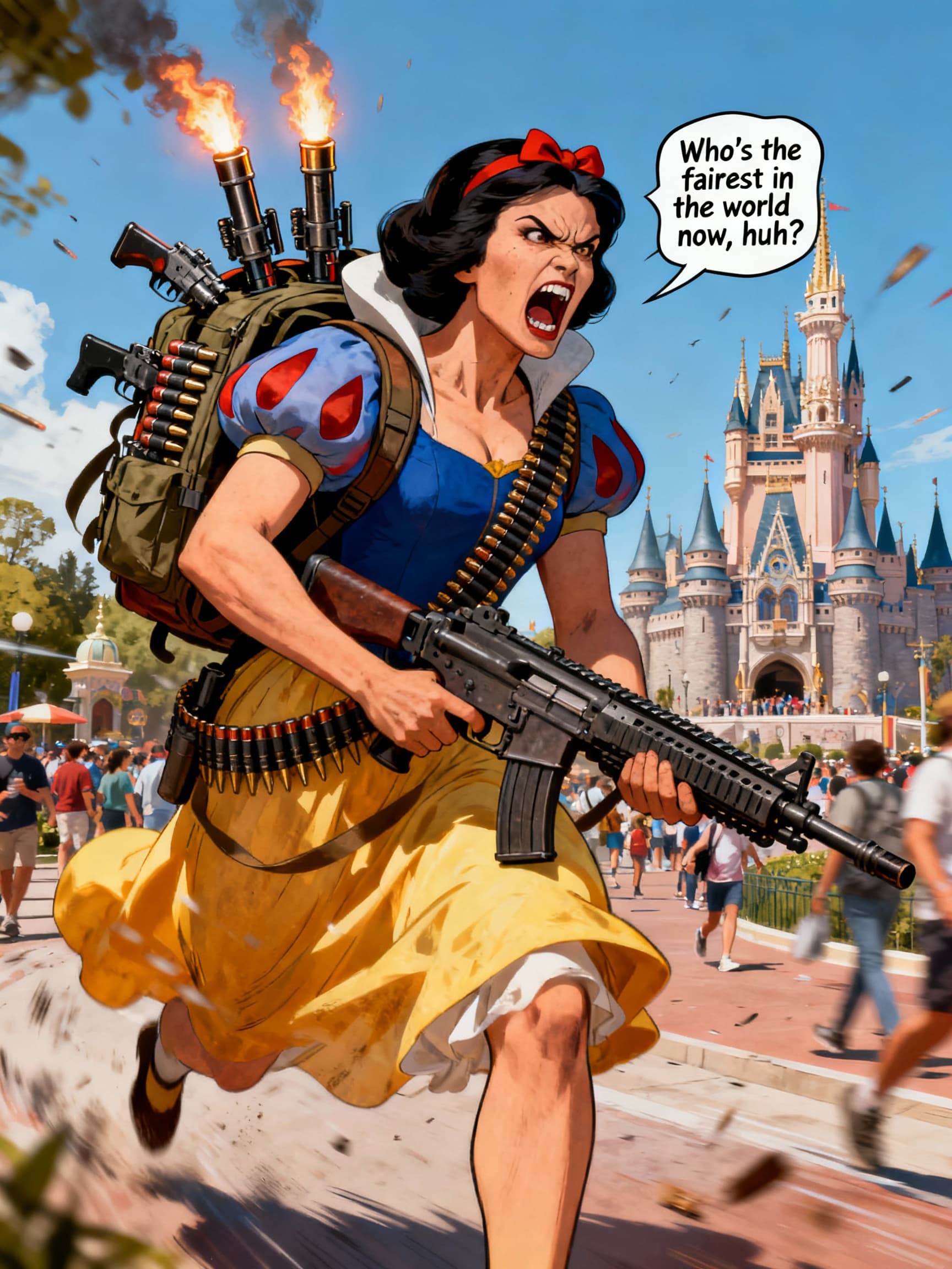 AI generated: A huge, menacing Snow White, her face painted with military camouflage paint, armed to the teeth, wi...