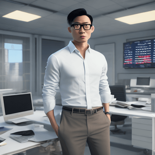 AI generated: American style office. handsome east asian man,with glasses, full body, business man looking, white ...