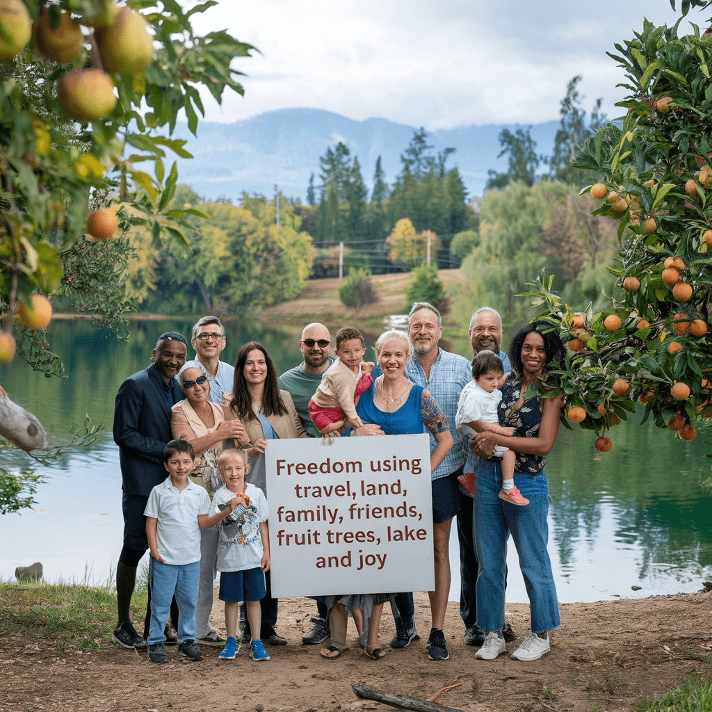 AI generated: Freedom using travel, land, family, friends, fruit trees, lake and joy