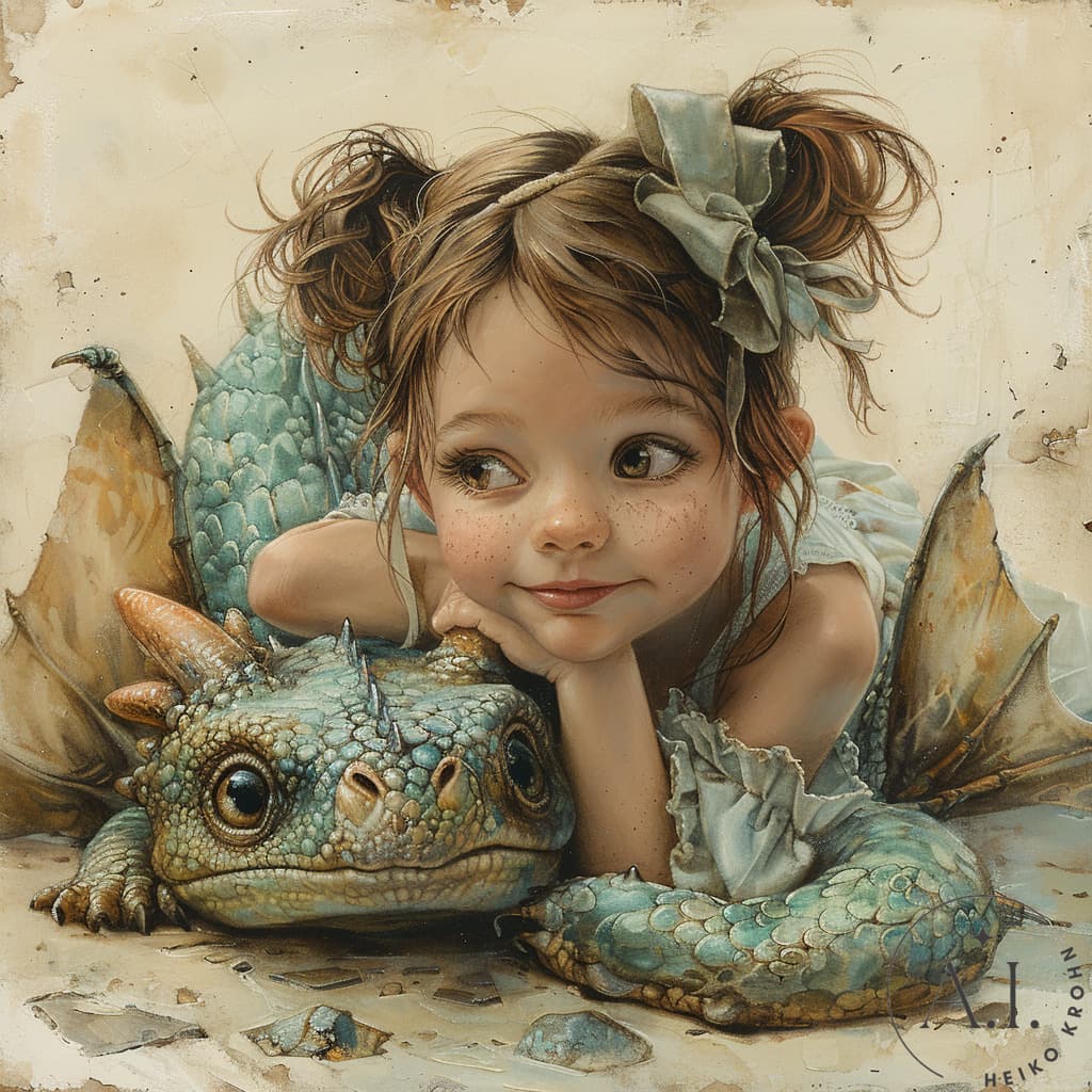 AI generated: a whimsical little girl, brown hair in tall ponytails and ribbons, lying on her belly with her chin ...