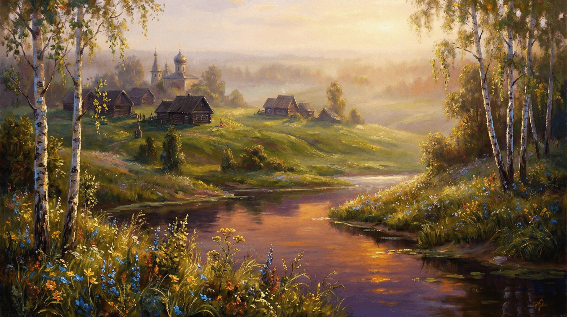 AI generated: A lyrical and harmonious Russian countryside landscape featuring a quaint village of wooden izbas ne...