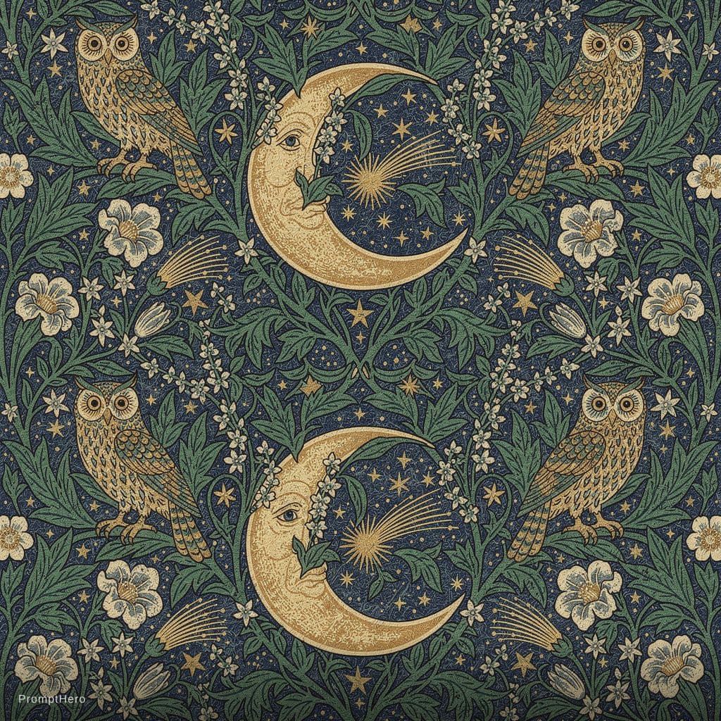 AI generated: A highly intricate William Morris pattern design featuring a celestial nightscape, stylized golden c...