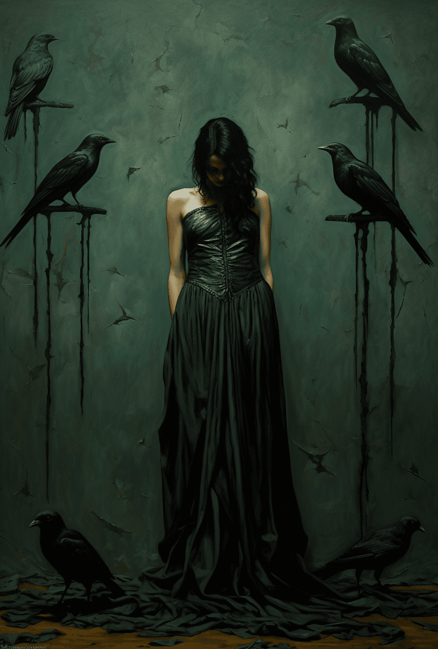 AI generated: A silhouette of a woman of dark fantasy standing on the ground, in the style of dark navy and dark e...