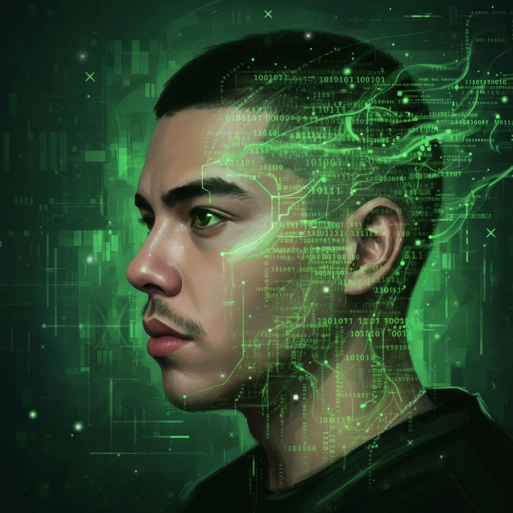 AI generated: A digital painting in the style of concept art, depicting a young person's face partially integrated...