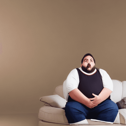 AI generated: Realistic photo, Fat obese Latino man, sitting on couch, huge round distended belly, hairy, short ha...