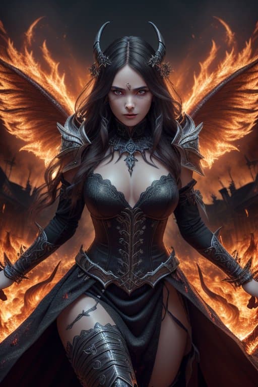 AI generated: (extremely detailed 8k wallpaper)+, a medium shot photo of a demonic sorceress conjuring fire in a b...