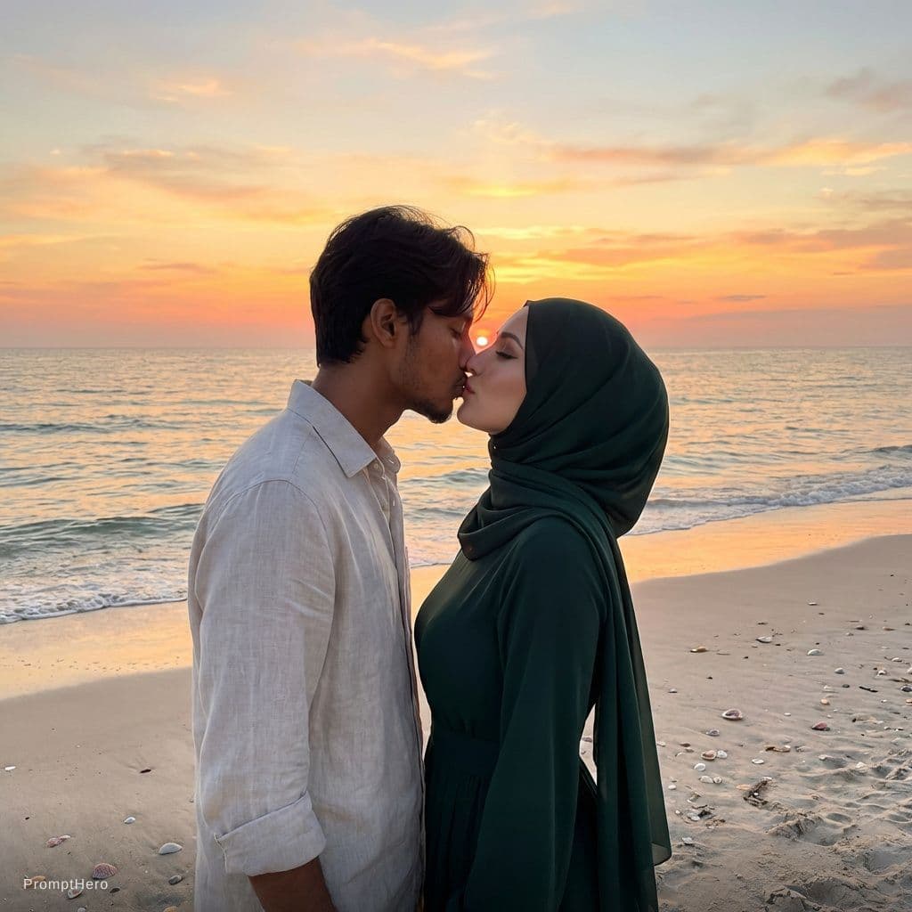 AI generated: Male them kissing on a beach sunset 