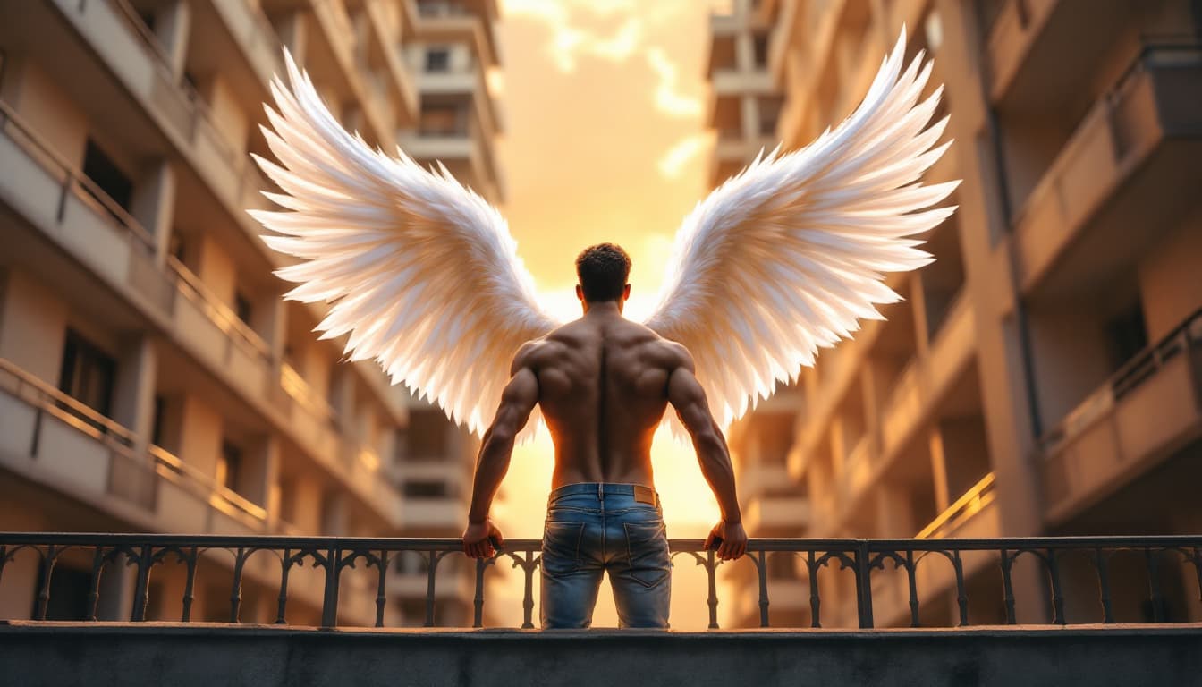 AI generated: a guy with a strong body in jeans, stands on the balcony of a multi-story building, behind his back ...