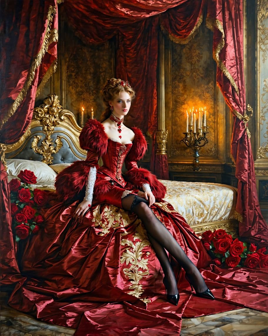 AI generated: Baroque furry feathered full body portrait revealing a crimson velvet corseted gown with gold embroi...