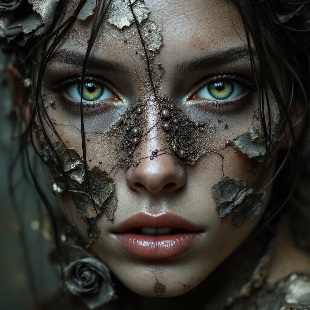 AI generated: 
a woman with deep green eyes with roses on her nose, liquid metal style, layered fabrications, nico...
