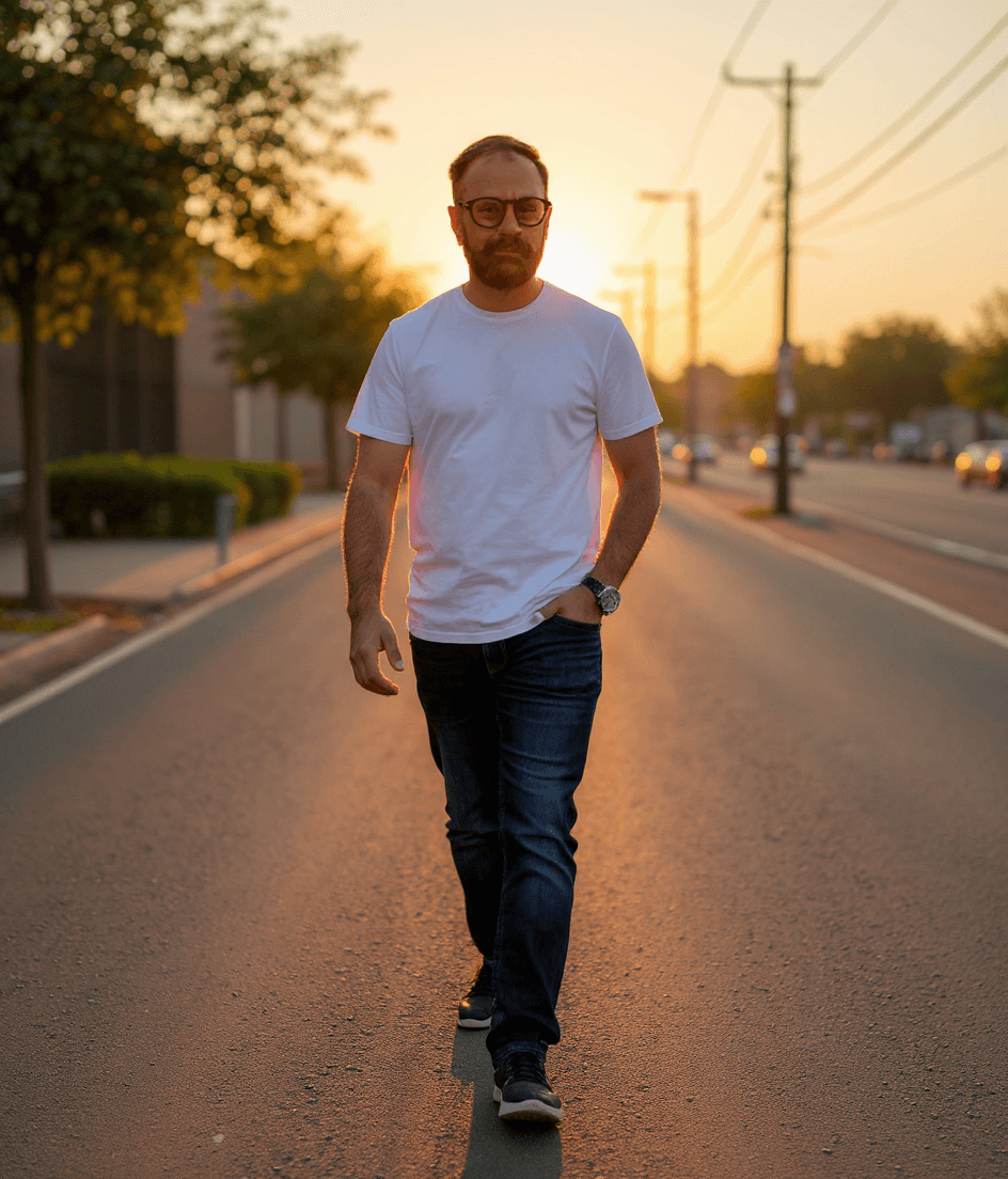 AI generated: man in the attachment, wearing jeans and a white casual half sleeve shirt, walking on a quiet city s...